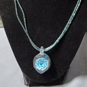 Vintage Blue Beaded Necklace with Blue Rose Pendant